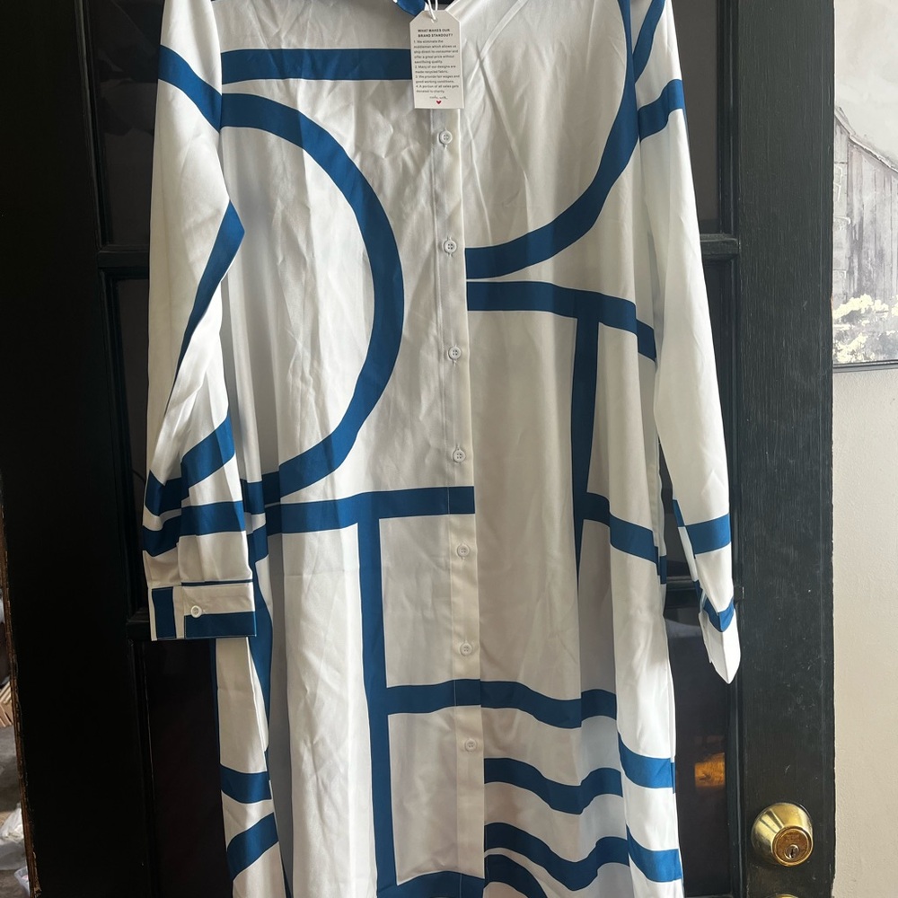 Blue and White Geometric Shirt Dress